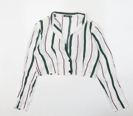 Bershka Womens White Striped Viscose Cropped Button-Up Size L Collared