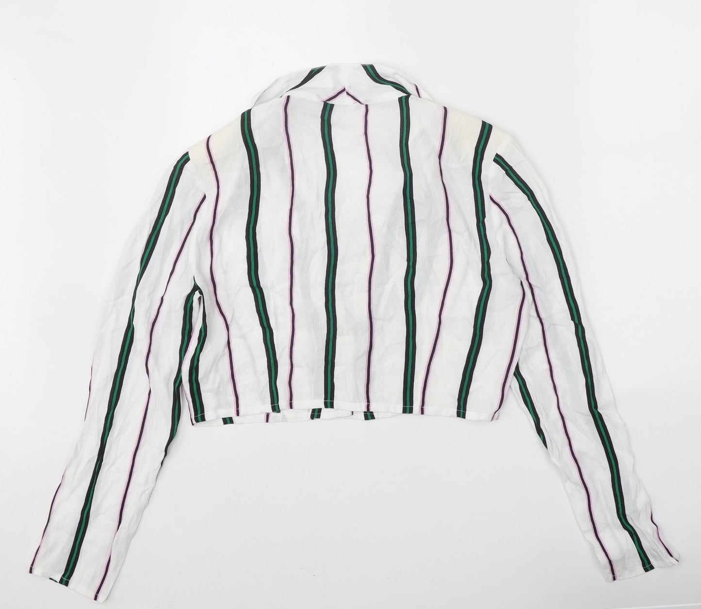 Bershka Womens White Striped Viscose Cropped Button-Up Size L Collared