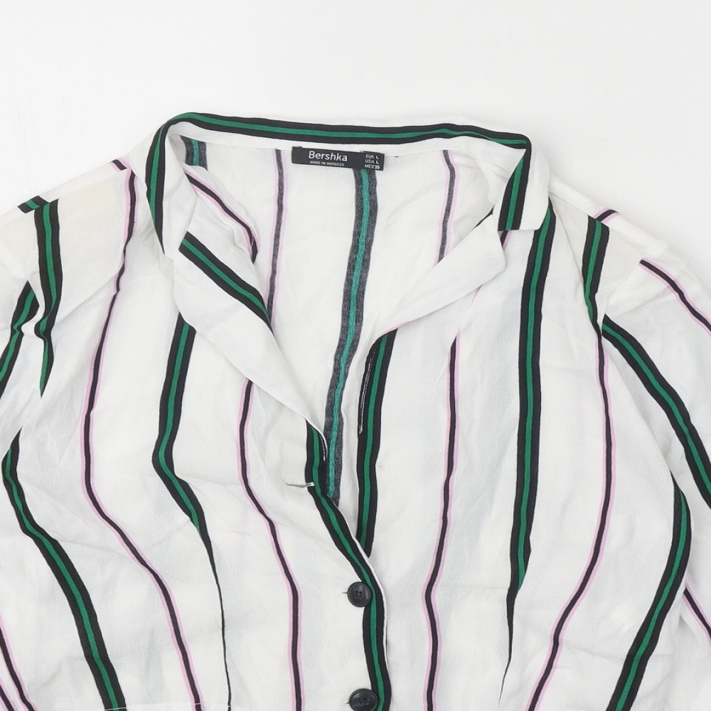 Bershka Womens White Striped Viscose Cropped Button-Up Size L Collared