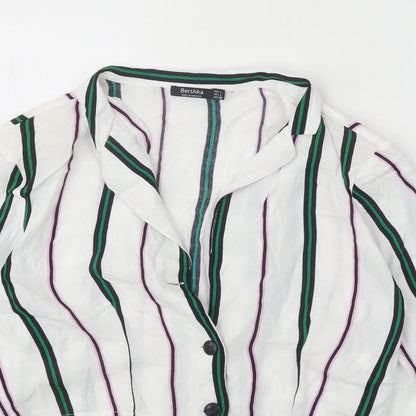 Bershka Womens White Striped Viscose Cropped Button-Up Size L Collared
