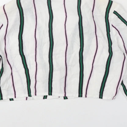Bershka Womens White Striped Viscose Cropped Button-Up Size L Collared