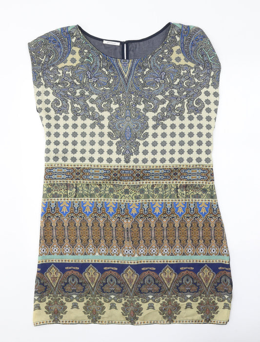 Promod Womens Blue Geometric Polyester Sheath One Size Scoop Neck Button