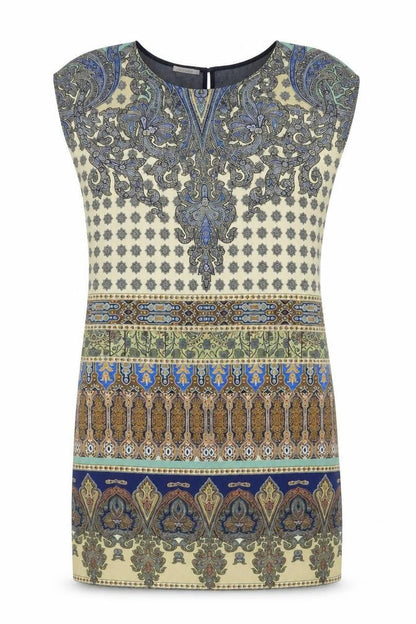 Promod Womens Blue Geometric Polyester Sheath One Size Scoop Neck Button