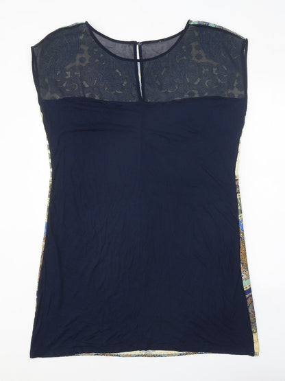 Promod Womens Blue Geometric Polyester Sheath One Size Scoop Neck Button
