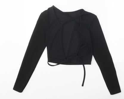 PRETTYLITTLETHING Womens Black Polyester Wrap Blouse Size S Round Neck - Open Back
