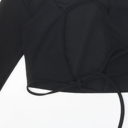 PRETTYLITTLETHING Womens Black Polyester Wrap Blouse Size S Round Neck - Open Back
