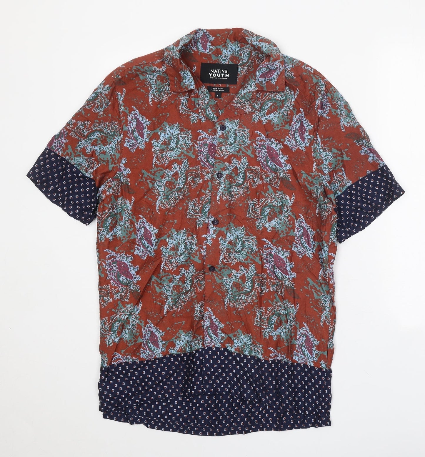 Mens UK Size S Native Youth Brown  Button-Up Short Sleeve Casual Shirt