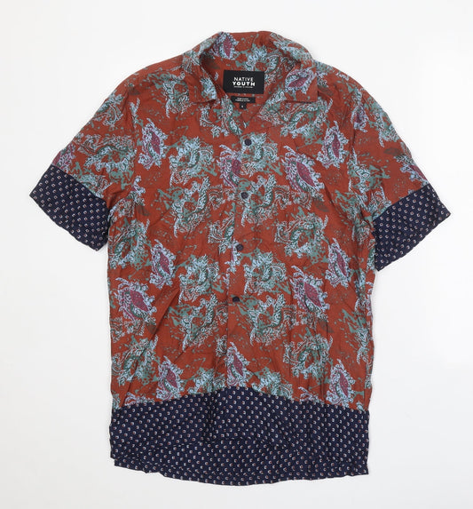 Mens UK Size S Native Youth Brown  Button-Up Short Sleeve Casual Shirt
