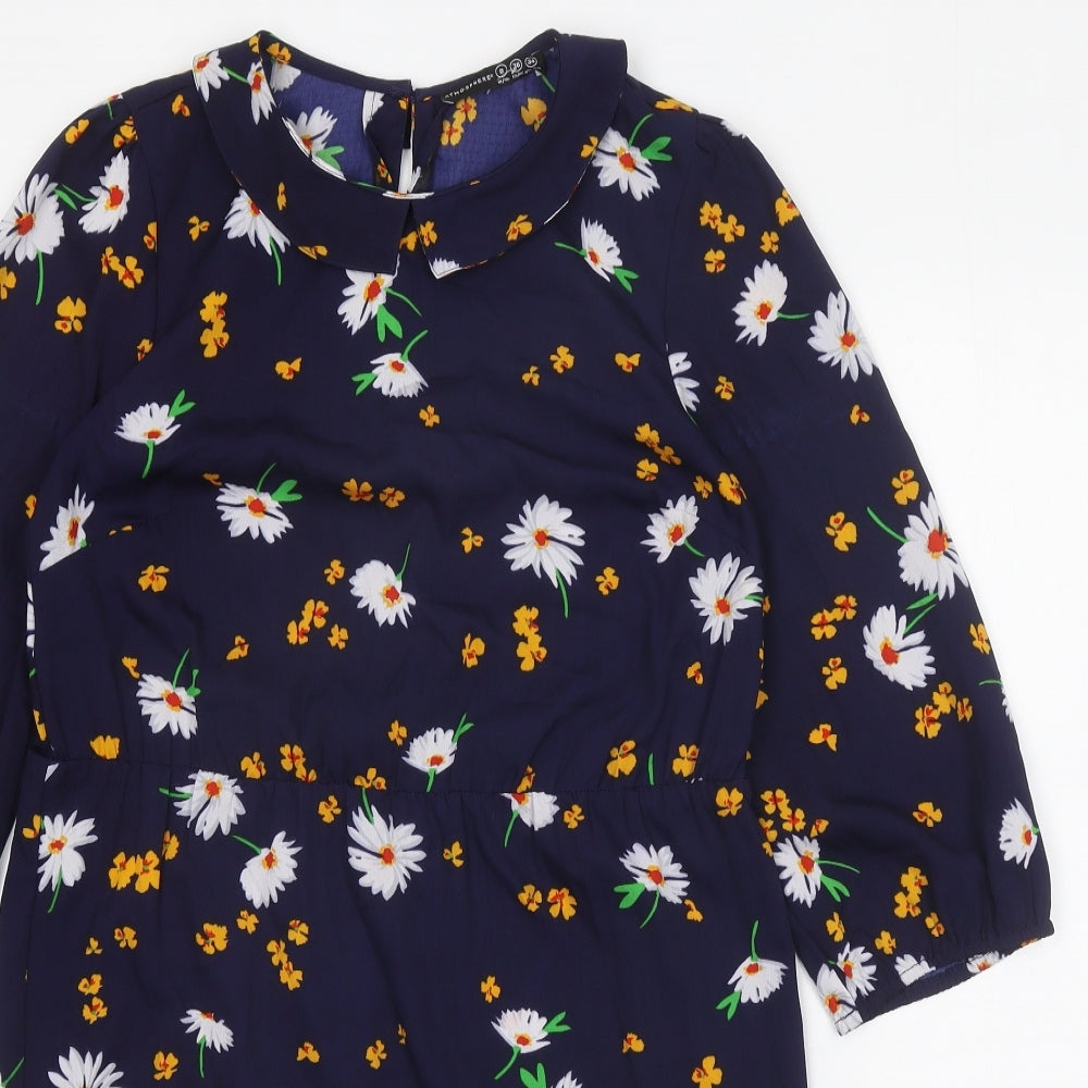 Atmosphere Womens Blue Floral Polyester Shift Size 8 Collared Button