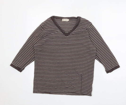 Bonmarché Womens Brown Striped Cotton Basic Blouse Size M V-Neck