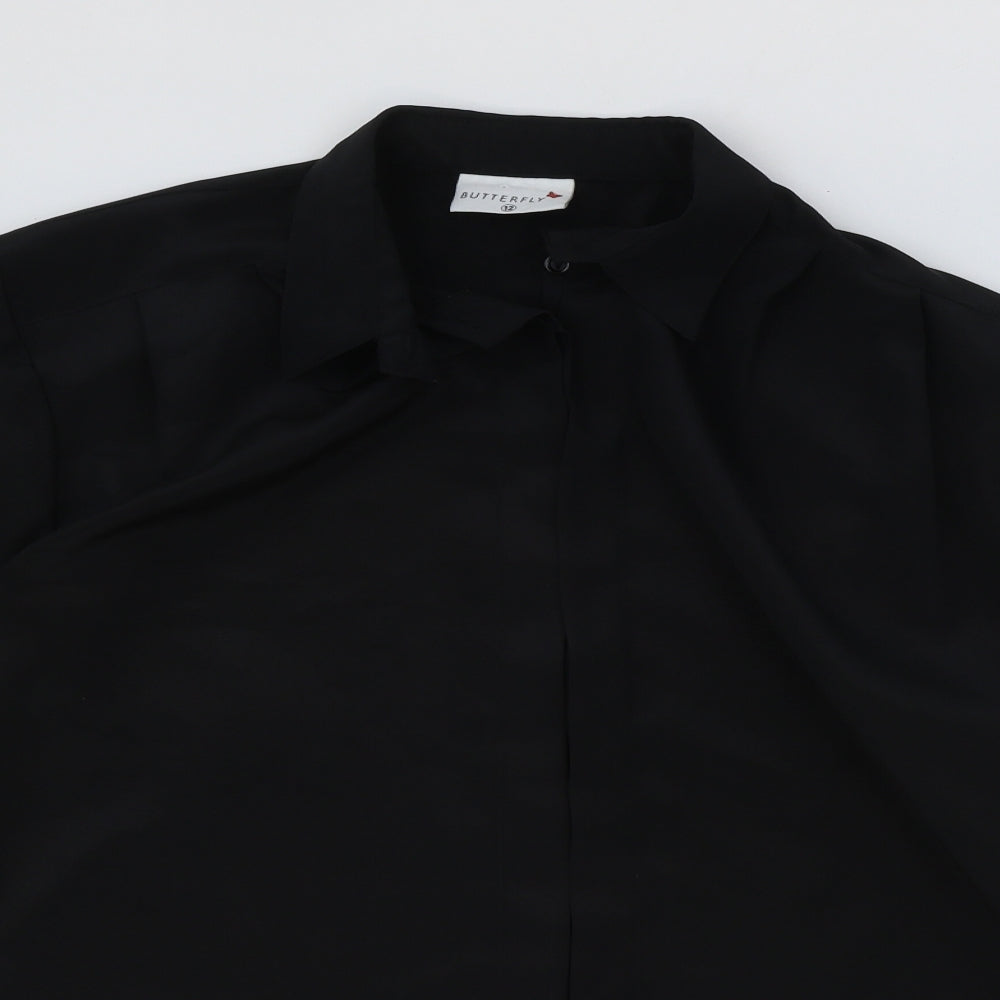 Womens UK Size 12 Butterfly Black Basic Button-Up