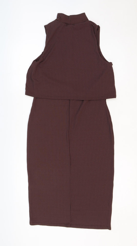 Boohoo Womens Brown Polyester Bodycon Size 14 Mock Neck Pullover