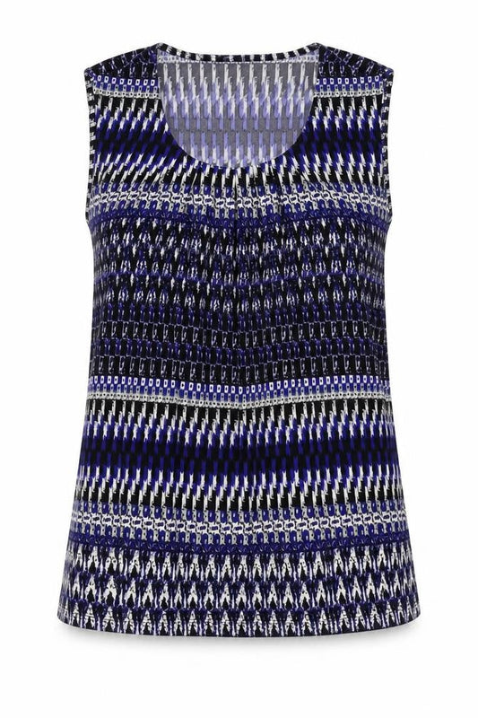 Le Suit Womens Blue Geometric Polyester Basic Tank Size L Round Neck