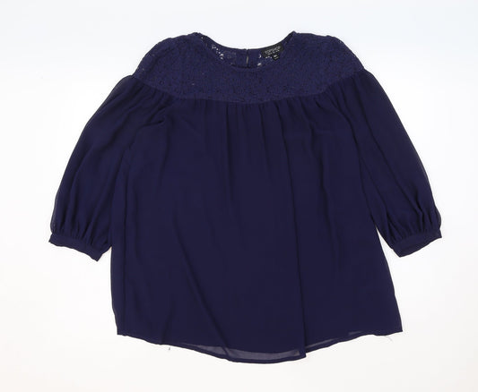 Topshop Womens Blue Polyester Basic Blouse Size 10 Round Neck - Lace Detail