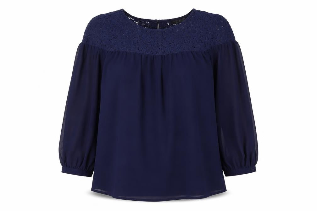 Topshop Womens Blue Polyester Basic Blouse Size 10 Round Neck - Lace Detail