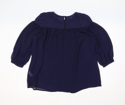 Topshop Womens Blue Polyester Basic Blouse Size 10 Round Neck - Lace Detail