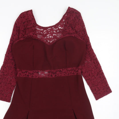 Preworn Womens Red Polyester A-Line Size L Scoop Neck Zip - Lace detail