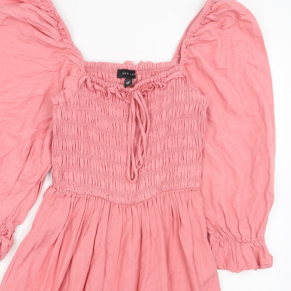 New Look Womens Pink Cotton Fit & Flare Size 10 Square Neck Pullover
