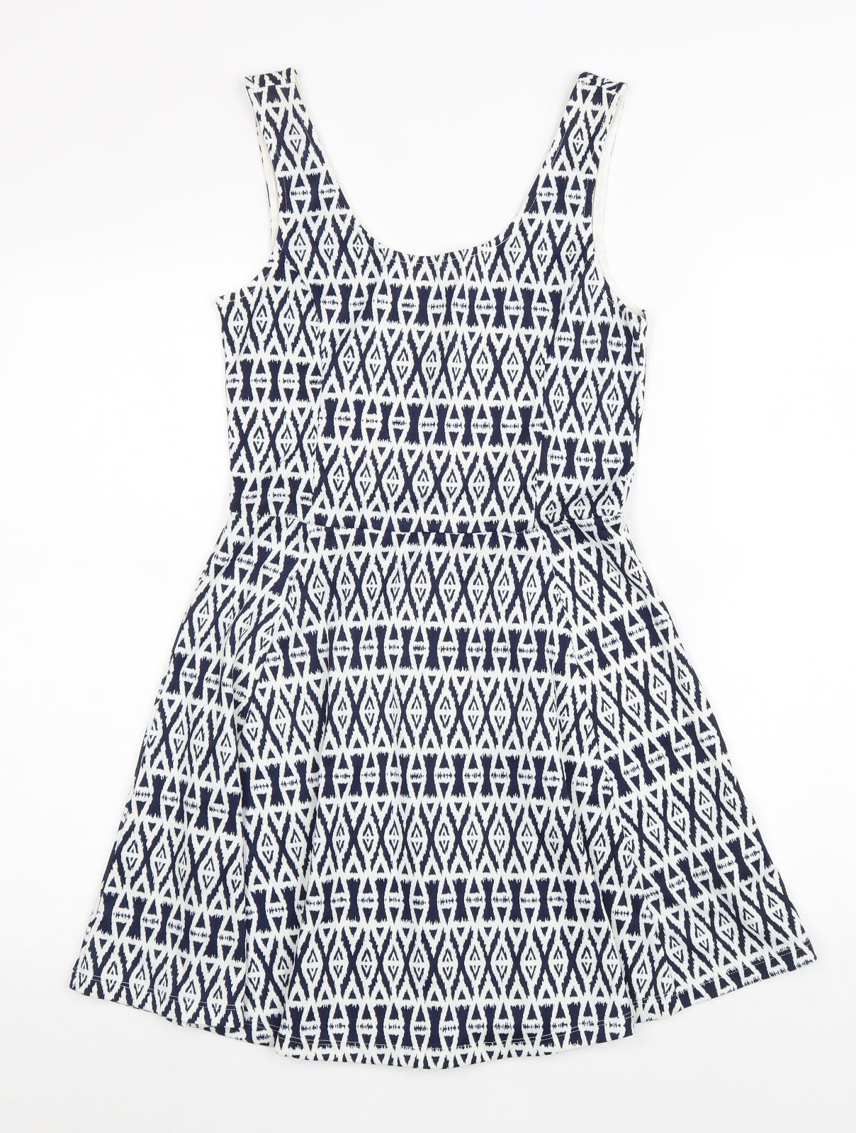 Divided Womens White Geometric Polyester Skater Dress Size 10 Scoop Neck Pullover