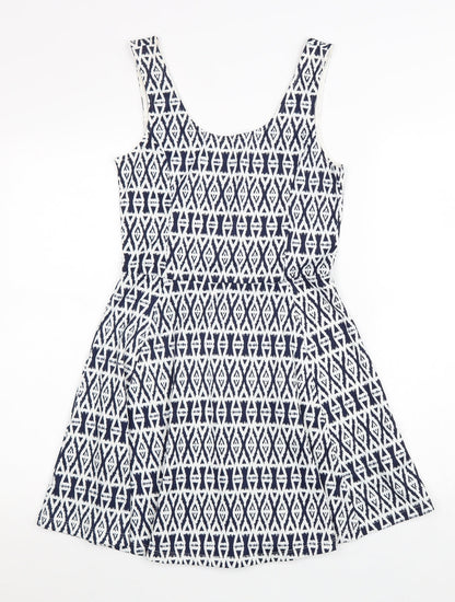Divided Womens White Geometric Polyester Skater Dress Size 10 Scoop Neck Pullover