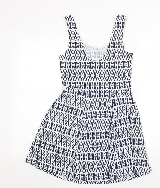 Divided Womens White Geometric Polyester Skater Dress Size 10 Scoop Neck Pullover