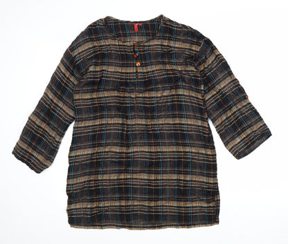 Fransa Womens Brown Plaid Viscose A-Line Size M Round Neck Pullover