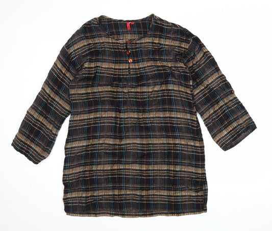Fransa Womens Brown Plaid Viscose A-Line Size M Round Neck Pullover