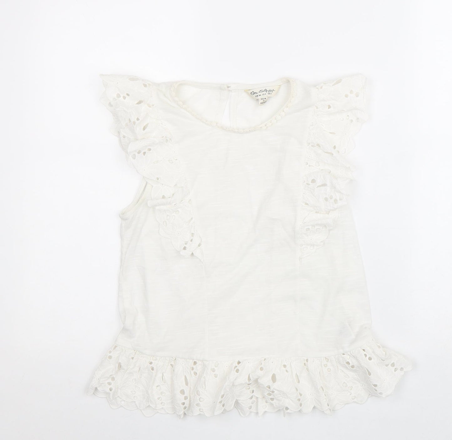 Miss Selfridge Womens White Polyester Basic Tank Size 6 Round Neck - Broderie Anglaise