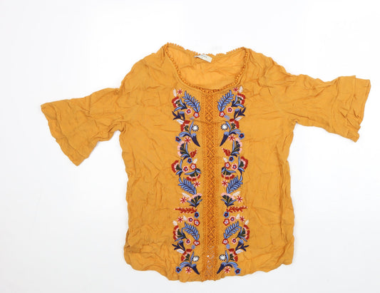 Papaya Womens Orange Geometric Viscose Basic Blouse Size 8 Round Neck