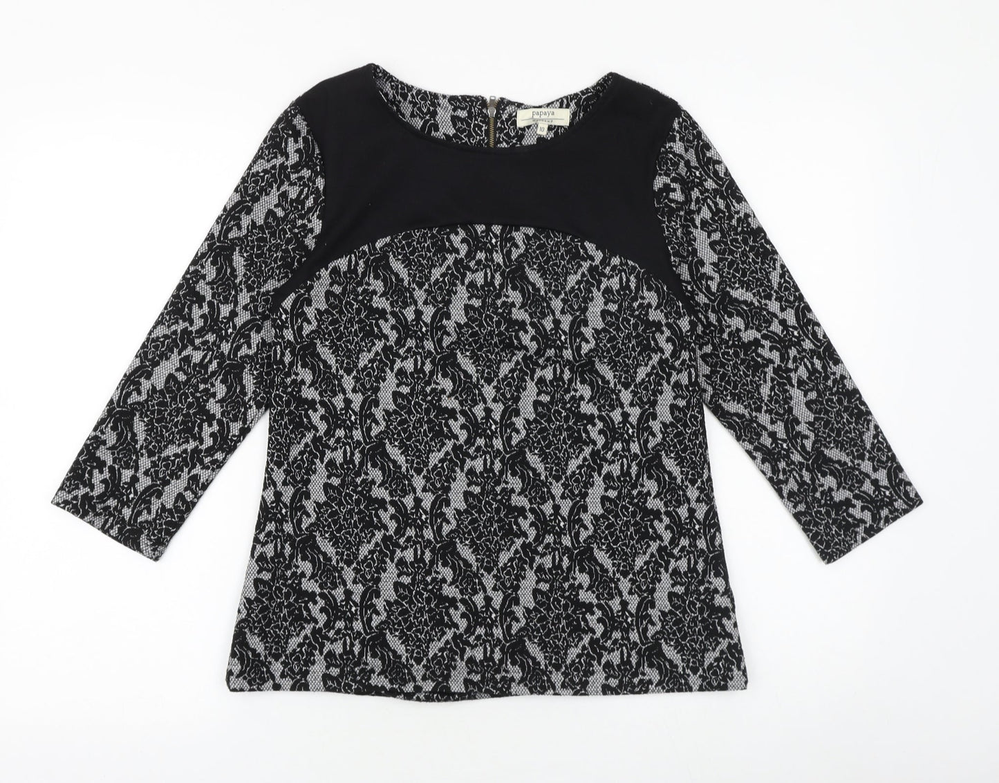 Papaya Womens Black Geometric Polyester Basic Blouse Size 10 Boat Neck