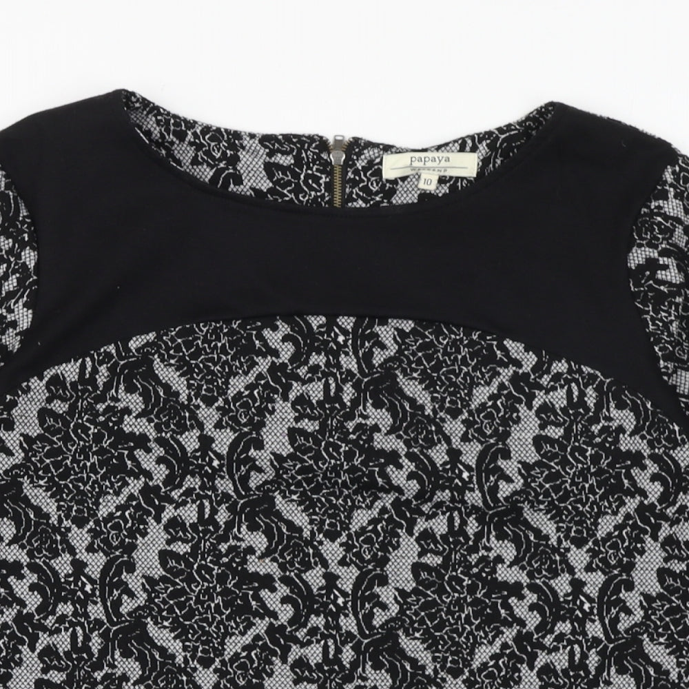 Papaya Womens Black Geometric Polyester Basic Blouse Size 10 Boat Neck