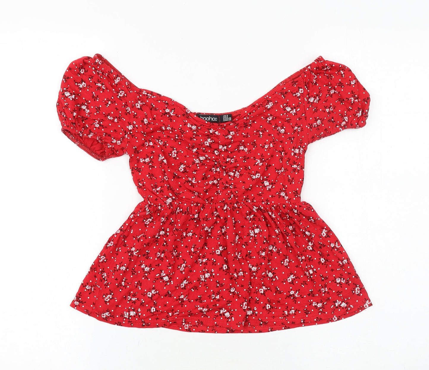 Boohoo Womens Red Floral Viscose Basic Blouse Size 8 Off the Shoulder