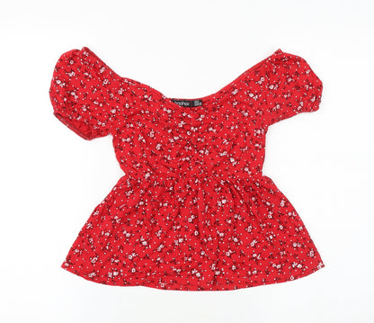 Boohoo Womens Red Floral Viscose Basic Blouse Size 8 Off the Shoulder