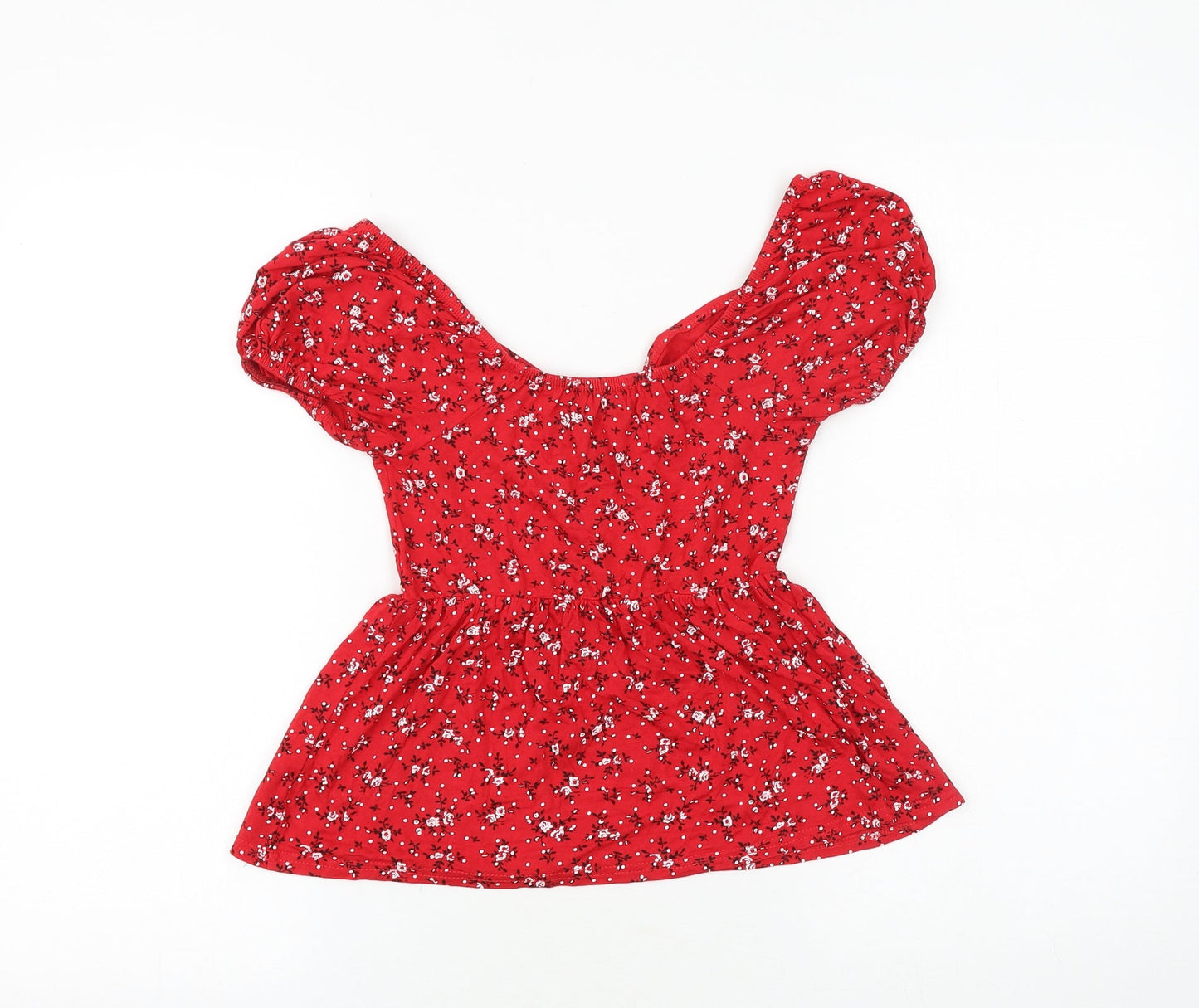 Boohoo Womens Red Floral Viscose Basic Blouse Size 8 Off the Shoulder