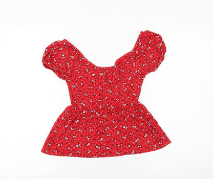 Boohoo Womens Red Floral Viscose Basic Blouse Size 8 Off the Shoulder