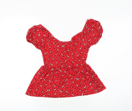 Boohoo Womens Red Floral Viscose Basic Blouse Size 8 Off the Shoulder
