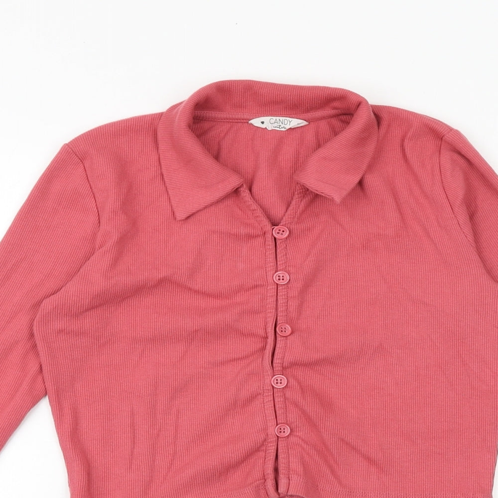 Candy Couture Girls Pink 100% Cotton Cropped Button-Up Size 15 Years Collared Button - Ribbed