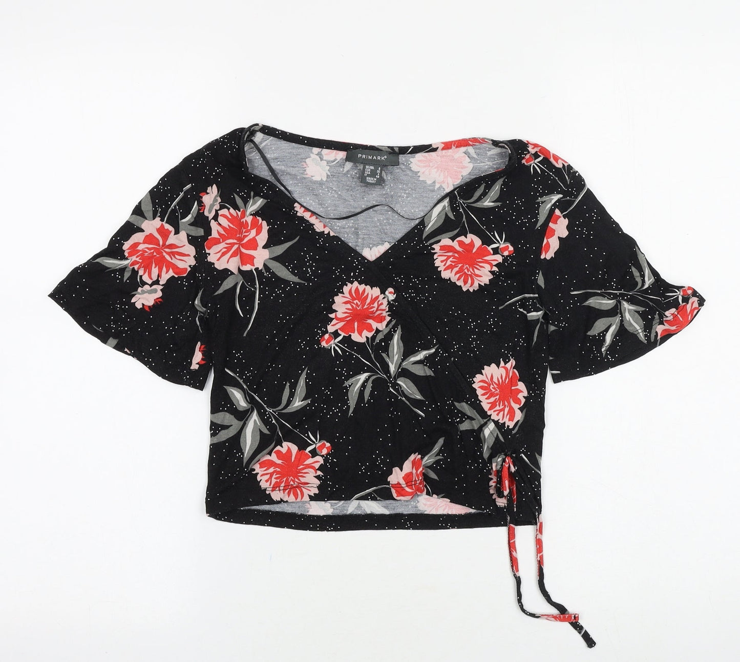 Primark Womens Black Floral Viscose Basic T-Shirt Size 6 V-Neck