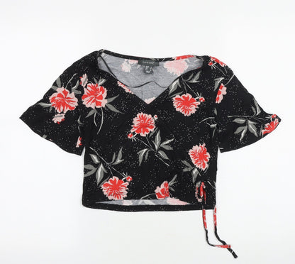 Primark Womens Black Floral Viscose Basic T-Shirt Size 6 V-Neck