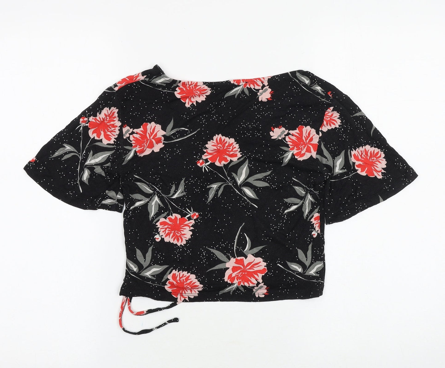 Primark Womens Black Floral Viscose Basic T-Shirt Size 6 V-Neck