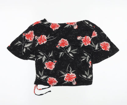 Primark Womens Black Floral Viscose Basic T-Shirt Size 6 V-Neck