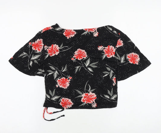 Primark Womens Black Floral Viscose Basic T-Shirt Size 6 V-Neck