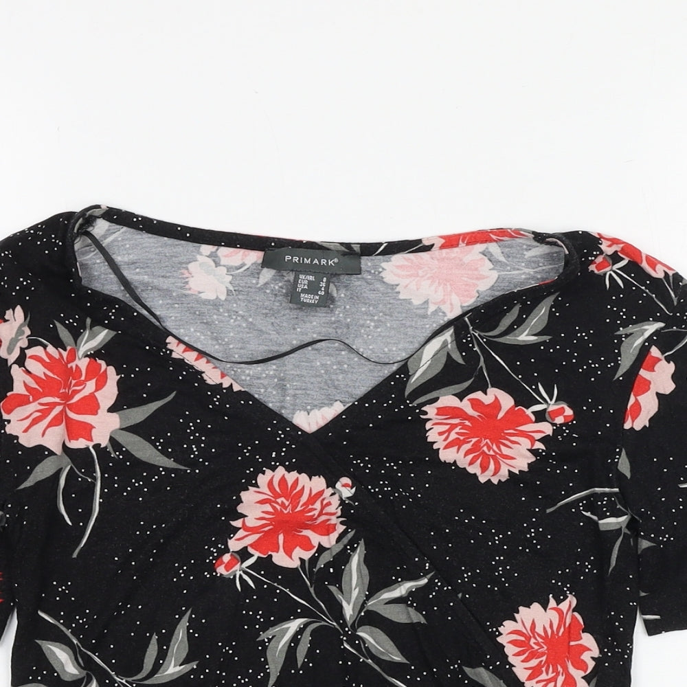 Primark Womens Black Floral Viscose Basic T-Shirt Size 6 V-Neck