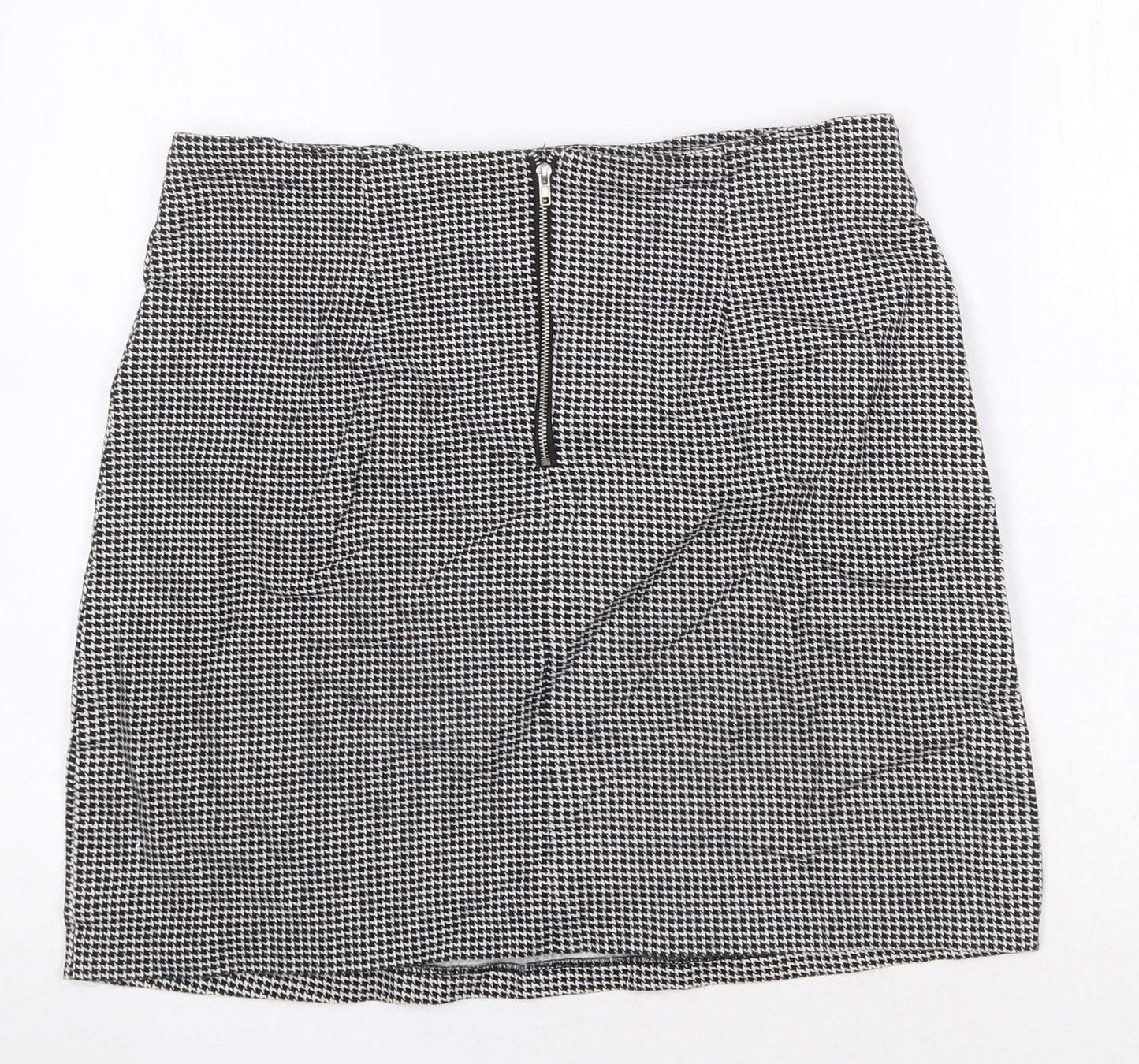 Joy Womens Black Geometric Cotton A-Line Skirt Size L Zip - Houndstooth Pattern
