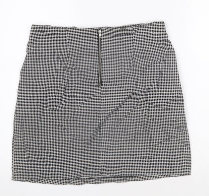 Joy Womens Black Geometric Cotton A-Line Skirt Size L Zip - Houndstooth Pattern