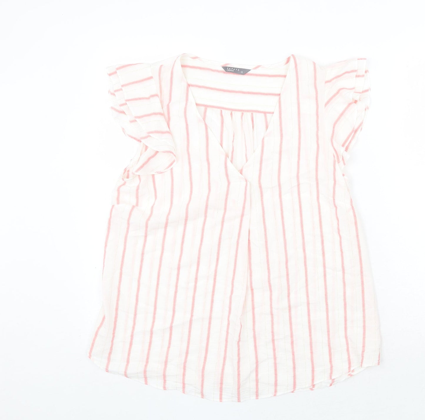 Papaya Womens White Striped Polyester Basic Blouse Size 12 V-Neck