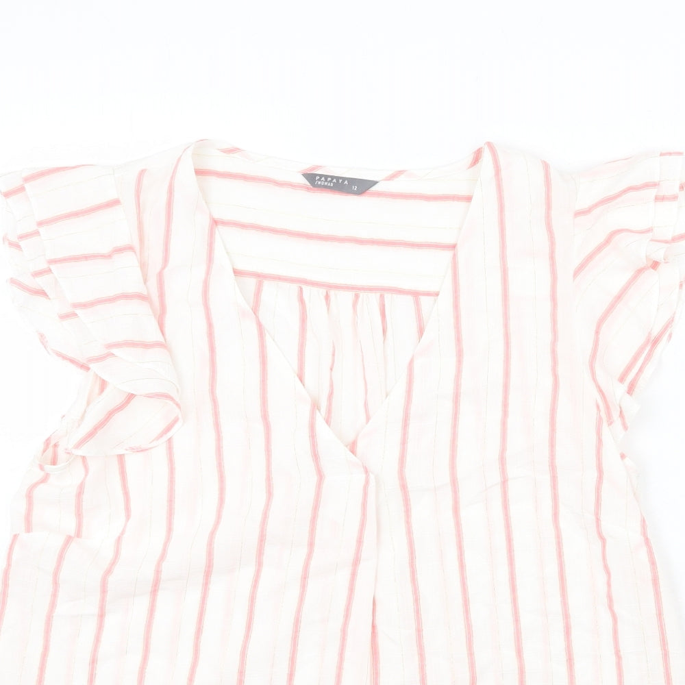 Papaya Womens White Striped Polyester Basic Blouse Size 12 V-Neck