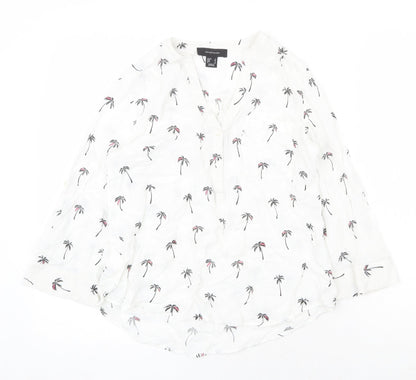 Atmosphere Womens White Geometric Viscose Basic Button-Up Size 8 V-Neck - Palm Tree Pattern