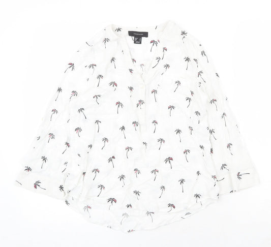 Atmosphere Womens White Geometric Viscose Basic Button-Up Size 8 V-Neck - Palm Tree Pattern