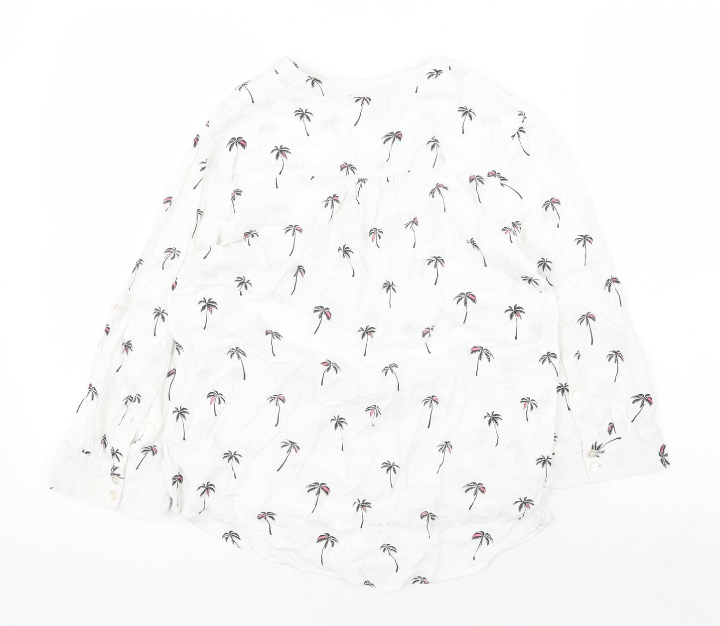 Atmosphere Womens White Geometric Viscose Basic Button-Up Size 8 V-Neck - Palm Tree Pattern